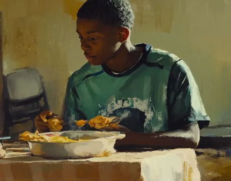 A student at a meal table